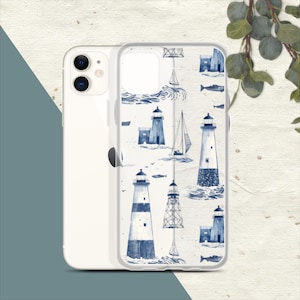 Aesthetic iPhone Case, Clear Coastal Lighthouse & Sailboat Design, Protective Phone Cover, Nautical-Themed Gift