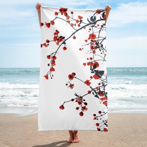 Red Flower Towel, Vibrant Beach Essential, Perfect for Summer Fun, Unique Gift Idea