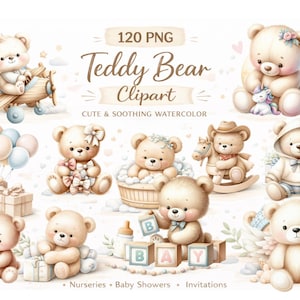 120 PNG-clipart van teddyberen voor de kinderkamer, clipart voor een babyshower, aquarel teddybeer, schattige babydieren, decoratie voor de kinderkamer, clipart van een babyjongen of -meisje