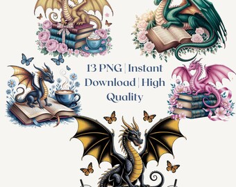 13 luxuriöse Pastelldrachen PNG | Realistische Fantasy Clipart | Magische Bücher & Blumen | Märchenhafte ästhetische digitale Kunst