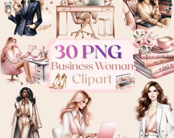 30 PNG-Cliparts von Geschäftsfrauen, elegante Chefin, Aquarell-Bürofrau, feminine Mode, roségoldener Arbeitsplatz, Sofort-Download