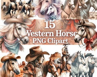 15 PNG-Cliparts von Westernpferden – Cowboypferde, Western-Cowgirl, Ranch, Wilder Westen, Sublimation & Digitaler Download
