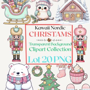 Peut inclure: Collection d'illustrations Kawaii sur le thème de Noël nordique. L'image présente diverses illustrations, notamment un traîneau rempli de cadeaux, un hibou portant un chapeau, une maison enneigée, des casse-noisettes, un ours polaire, un sapin de Noël et d'autres éléments festifs.