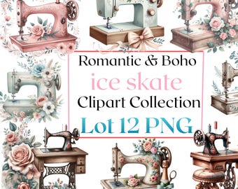 Romantisches Nähmaschinen-Clipart-Set | Vintage-Boho-Blumen-Clipart (PNG) | Shabby-Chic-Näh-Clipart-Bundle | Basteln, Scrapbooking, DIY (PNG)