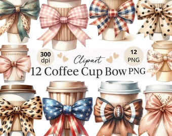 12 PNG-Dateien mit Kaffeetassen und Schleifen | Niedliche florale Kaffee-Cliparts | Aquarell-Kaffeetassen mit Schleifen, Kaffee-Cliparts mit Schleife, Digitaler Download