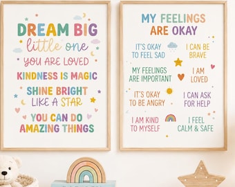 Pastellfarbene Kinder-Affirmationsposter, 2er-Set, druckbare Wandbilder fürs Kinderzimmer, emotionale Lernmotive, digitaler Download