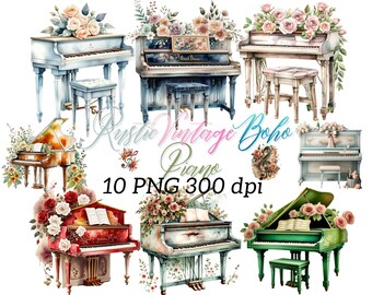 10 rustikale Vintage-Boho-Klavier-PNGs | Florale Klavier-Cliparts | Romantische, handgemalte Ästhetik | Champagner-Dekor | Sublimation & Scrapbooking