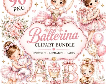 90 PNG-Cliparts: Ballerina-Mädchen, Einhorn-Cliparts, Rosa Prinzessinnenparty, Blumenalphabet, Kinderzimmerdeko, Sofort-Download