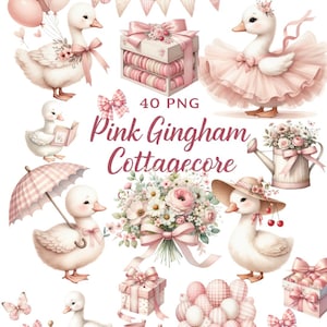 40 PNG-Cliparts im rosa Vichy-Karo-Cottagecore-Stil, Frühlingsblumen, Aquarell-Boho-Party-Elemente, Pastell-Kinderzimmergrafiken, Vintage-Romantik-Clipart-Bundle