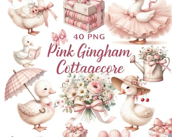 40 PNG-Cliparts im rosa Vichy-Karo-Cottagecore-Stil, Frühlingsblumen, Aquarell-Boho-Party-Elemente, Pastell-Kinderzimmergrafiken, Vintage-Romantik-Clipart-Bundle