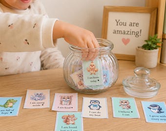 80 Mini-Affirmationskarten für Kinder zum Ausdrucken | Lernkarten für ein positives Selbstwertgefühl | Niedliche Tierkarten (PDF) für Kinder