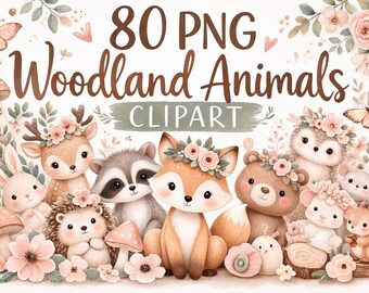 80 Waldtier-Cliparts (PNG), Boho-Waldtiere, Waldtier-Cliparts fürs Kinderzimmer, niedliche Tierbabys, Fuchs, Bär, Reh, Waschbär, Babyparty