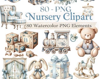 80 PNG-Cliparts für Kinderzimmer in Blau, Vintage-Babyparty-Cliparts, Kinderzimmerdeko im Grandmillennial-Stil, Aquarell-Cliparts aus blauem Porzellan, Teddybär-Spielzeug