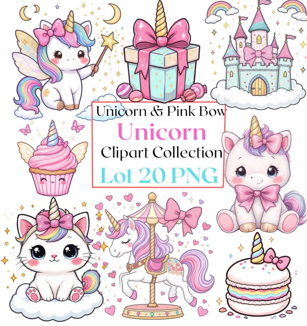 Lot 20 PNG – Kawaii Unicorn & Pink Bow Clipart – Cute Pastel Rainbow ...