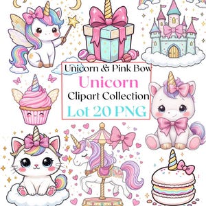 Lot 20 PNG – Kawaii Unicorn & Pink Bow Clipart – Cute Pastel Rainbow Digital Graphics – Transparent Background