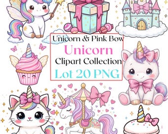 Los 20 PNG-Dateien – Kawaii-Einhorn & rosa Schleife Clipart – Niedliche Pastell-Regenbogen-Grafiken – Transparenter Hintergrund