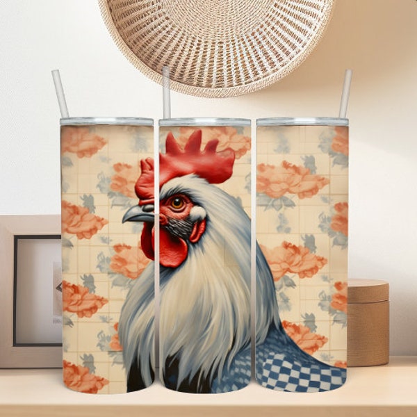 tumbler chicken , 20oz Skinny Tumbler Sublimation Design, barnyard, tumbler rooster , vintage Tumbler, bleu