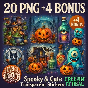 Peut inclure: Image d'art numérique avec des autocollants transparents sur le thème d'Halloween. L'image comprend une sorcière, des citrouilles, des bouteilles de potion, une maison hantée et un monstre mignon. Le texte comprend "20 PNG + 4 BONUS", "Happy Haunting", "Spooky & Cute", et "Creepin' It Real".