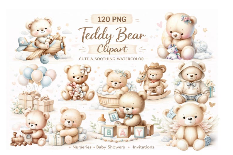 120 PNG Teddy Bear Nursery Clipart, Baby Shower Clipart, Watercolor ...