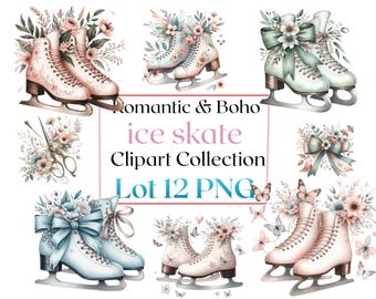 12 pastellfarbene Eislaufschuhe (PNG), moderne Eislaufschuhe-Cliparts mit großen, romantischen Schleifen, Boho-Vintage-Ästhetik, Downloads für Sublimation und Bastelarbeiten