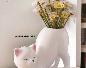 Cat Shaped Vase | Adorable Cat Flower Vase | Modern Vase | Planter Pot | Resin Vase | Home Decor | Living Room Decor | White Vase