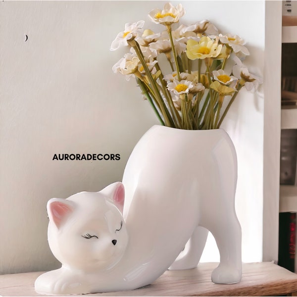 Cat Shaped Vase | Adorable Cat Flower Vase | Modern Vase | Planter Pot | Resin Vase | Home Decor | Living Room Decor | White Vase