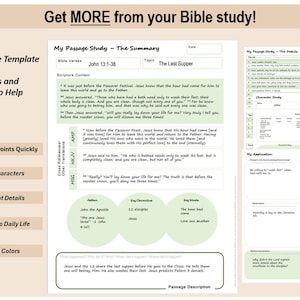 May include: A printable Bible study template with instructions and examples to help guide you through a passage. The template includes sections for summarizing main points, connecting to characters, noting important details, applying lessons to daily life, and cross-referencing other translations. The example passage is John 13:1-38, The Last Supper.