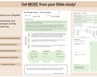 Peut inclure: Un modèle d'étude biblique imprimable avec des instructions et des exemples pour vous guider à travers un passage. Le modèle comprend des sections pour résumer les points principaux, se connecter aux personnages, noter les détails importants, appliquer les leçons à la vie quotidienne et faire des références croisées avec d'autres traductions. Le passage d'exemple est Jean 13:1-38, La Dernière Cène.