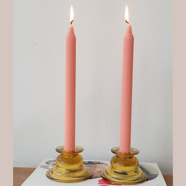 Pair of reversible light amber Depression glass votive or taper candle holders. These can even be used as the perfect bedside ring catcher.