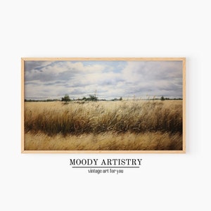 Könnte beinhalten: Ein gerahmtes Gemälde, das ein Feld mit hohem Gras vor einem bewölkten Himmel zeigt. Das Gras ist hellbraun und der Himmel ist hellblau mit weißen Wolken. Das Gemälde ist in einem Holzrahmen.
