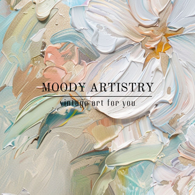 May include: Abstract painting with a textured, layered style in shades of blue, green, white, and peach. The painting has a text overlay that reads "MOODY ARTISTRY vintage art for you".