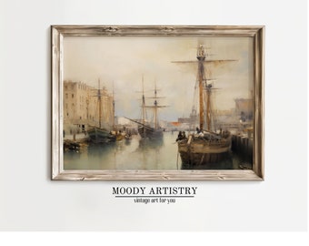 Puerto de la vendimia | Pintura al óleo de veleros en un puerto | arte vintage, arte de pared apagado | descarga instantánea de arte de pared imprimible| 4:3