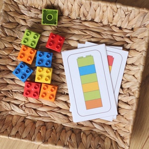 Modèles de blocs de construction, cartes d'apprentissage Montessori, enfants, téléchargement PDF, imprimables, matériel de garderie et de maternelle, nouvelles couleurs Duplo, jouets