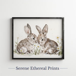 Cute Bunnies in Springtime Watercolor Art - Farmhouse Decor Digital Download
