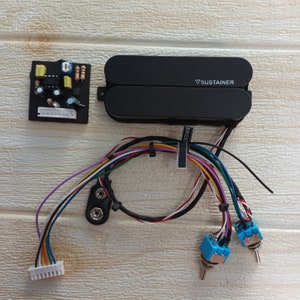 May include: A black electric guitar sustainer pickup with a black control box, a white connector, and two blue toggle switches. The pickup has the word "SUSTAINER" printed on it.