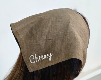 Brown Linen Bandana Headscarf Embroidery Bandana Headscarf, Headband Bandana for women Summer Triangle Headscarf personalized gift for mom