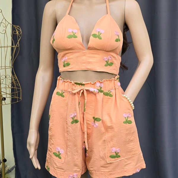 Tops y pantalones cortos halter de lino naranja Bordado de algodón con bolsillo Regalo para mujeres bermudas pantalones cortos elásticos de cintura alta conjunto de algodón