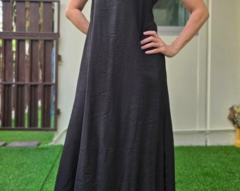 Elegant Black Linen A-Line Dress Straps Midi dress, Oversized linen dress Gift for women Flowy Summer Outfit Midi Length Spring Gift for Her