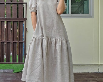 Midi Drop Waist Linen Dress with pockets, Elegant Short sleeve dress Comfy Dress Custom Overs sized, Flowy dress, Pregnancy Gift for Wife