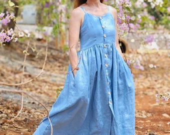 Blue midi Linen dress Summer dress Gift for daughter Comfy dress Custom dress Beach dress for wedding, Flowy dress, boho dress, Ruffle dress