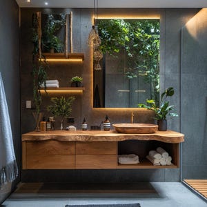 May include: A contemporary bathroom featuring a wooden vanity unit and a large mirror. The vanity has a live edge design with drawers and open shelving. The mirror is framed by warm lighting and reflects foliage. The room is decorated with plants and neutral colours.