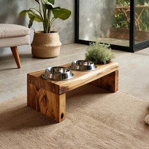 Reclaimed elevated pet stand handcrafted dog double bowl stand farmhouse pet bowl feeder natural wood dog feeding station