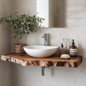 Reclaimed floating bathroom vanity shelf handmade live edge vanity shelf rustic wall mounted brackets bathroom decor housewarming gift
