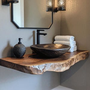 Handcrafted floating bathroom vanity shelf reclaimed live edge vanity shelf rustic wall mounted brackets bathroom decor housewarming gift