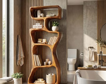 Farmhouse Bookcase Solid Wood Display Shelf Rustic Room Divider Live Edge Bookshelf Mid Century Cabinet