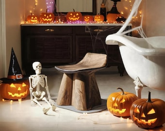 Halloween Rustic Wood Shower Seat Solid Teak Shower Bath Spa Foot Stool Side Table Water Resistant Rustproof Hardware Bathroom Decor