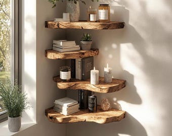 Live Edge Floating Corner Shelf Farmhouse Wood Wall Shelf Handmade Corner Wall Shelf Reclaimed Wood Decor Handcrafted Farmhouse Decor