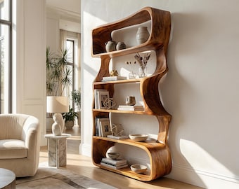 Rustic Display Cabinet Natural Wood Bookshelf Reclaimed Room Divider Live Edge Bookcase Mid Century Shelf