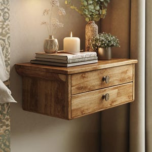 Rustic bedside table handmade floating nightstand with drawer natural wood bedside shelf farmhouse floating table for bedroom gift for home
