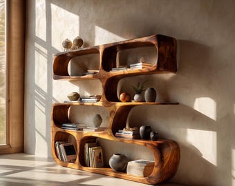 Natural Wood Bookcase Handcrafted Display Shelf Modern Room Divider Live Edge Bookshelf Rustic Cabinet